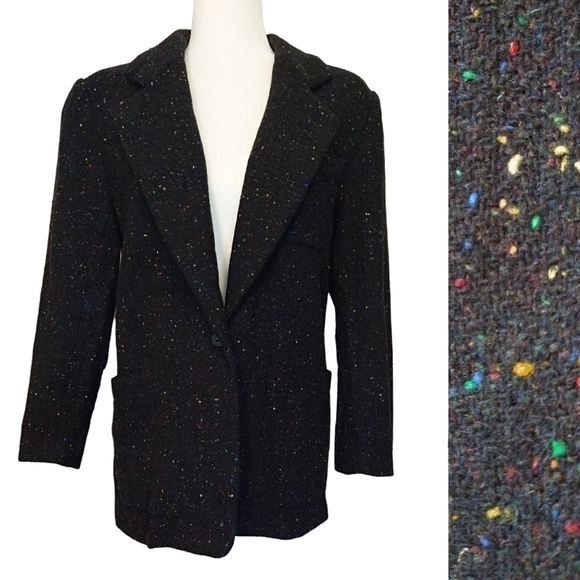 Vintage Ann Taylor Wool Black Confetti One Button Blazer 3 Pockets Career Preppy - Picture 1 of 12
